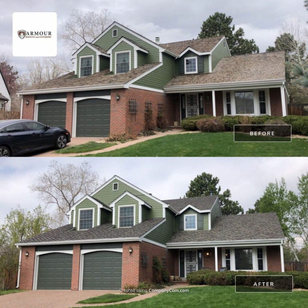 Before and after images of a roof upgraded by Aurora roofing contractors for winter resilience.